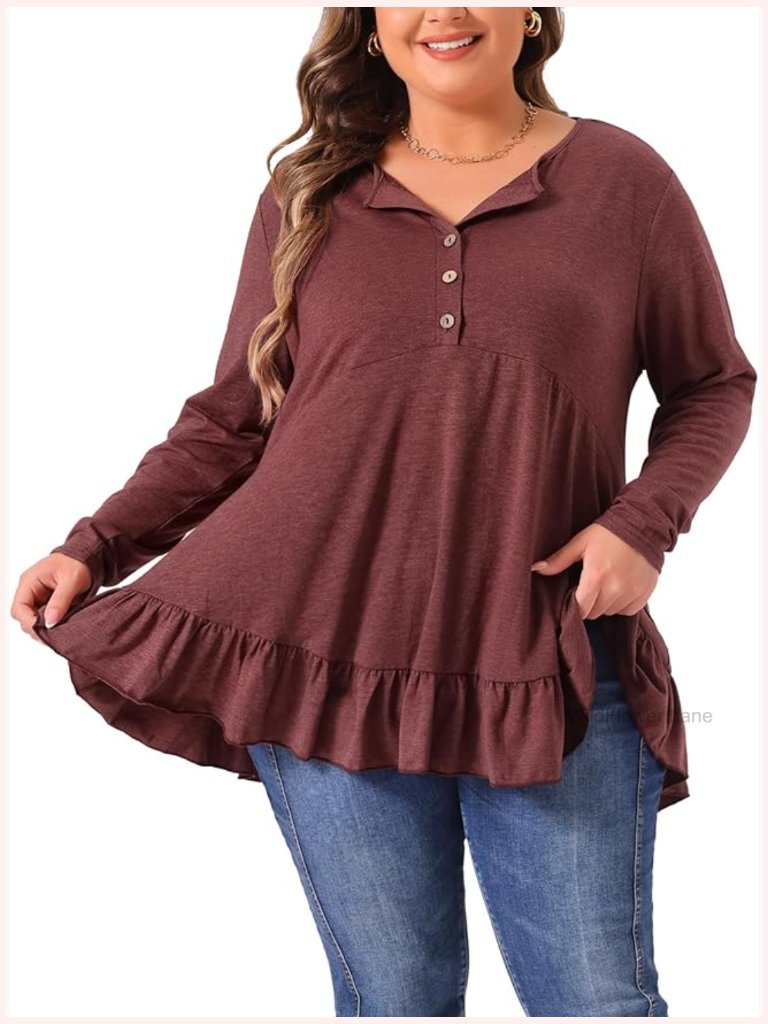 Plus Size Tunic Long Sleeve V Neck Henley Button Up Ruffled Hem Blouse